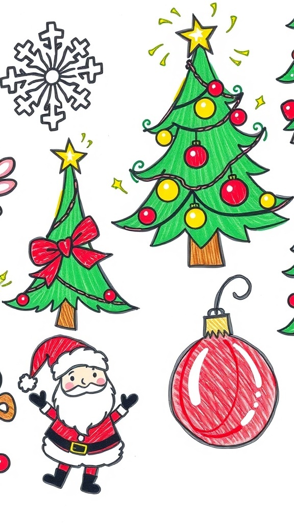 A variety of Christmas doodles including a tree, snowflake, Santa, and ornament on a festive background.